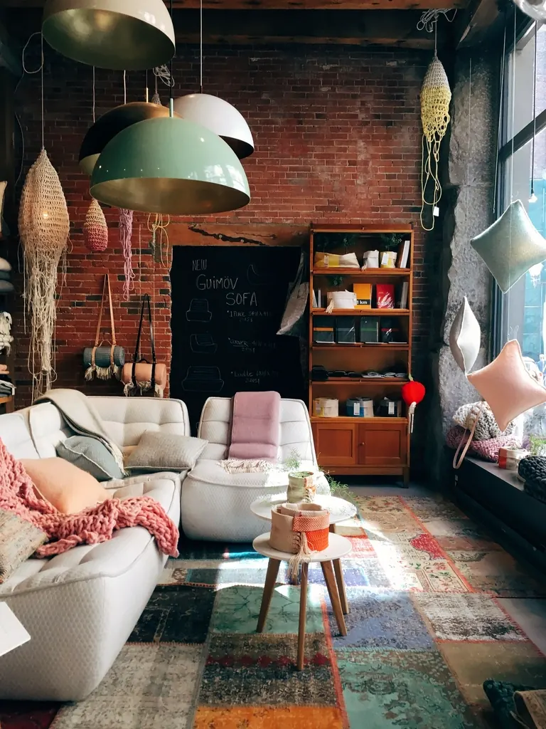 Small Space Upgrades 1 Sunlit small-apartment living room with exposed brick wall